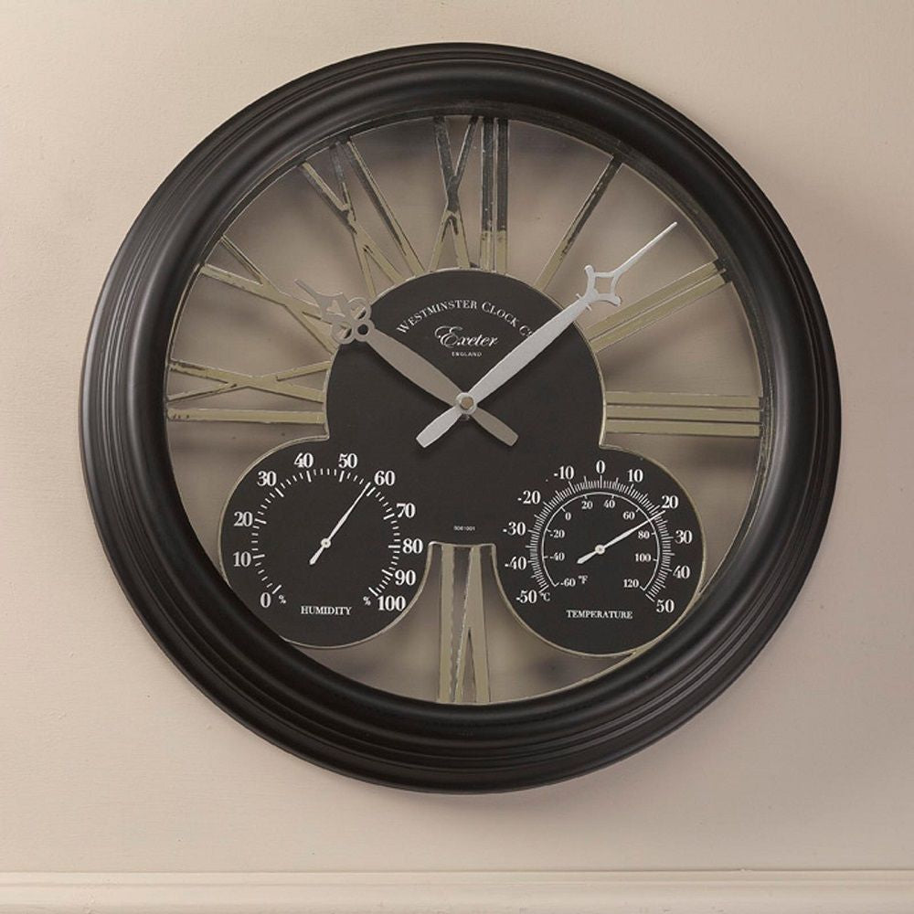 Exeter Black Outdoor Wall Clock with Thermometer 38cm - TickTockClocks