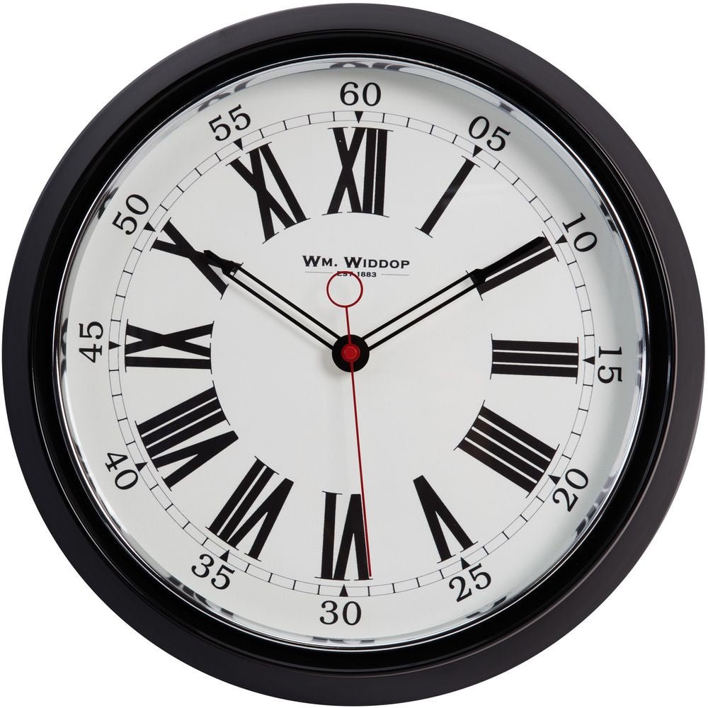 Round Metal Case Wall Clock Black & Chrome Roman Dial 30cm - TickTockClocks