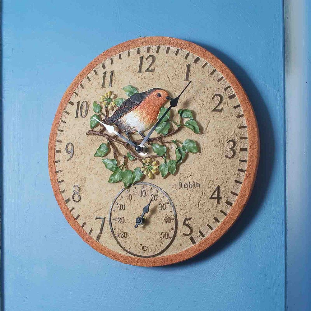Robin Outdoor Wall Clock with Thermometer 30cm