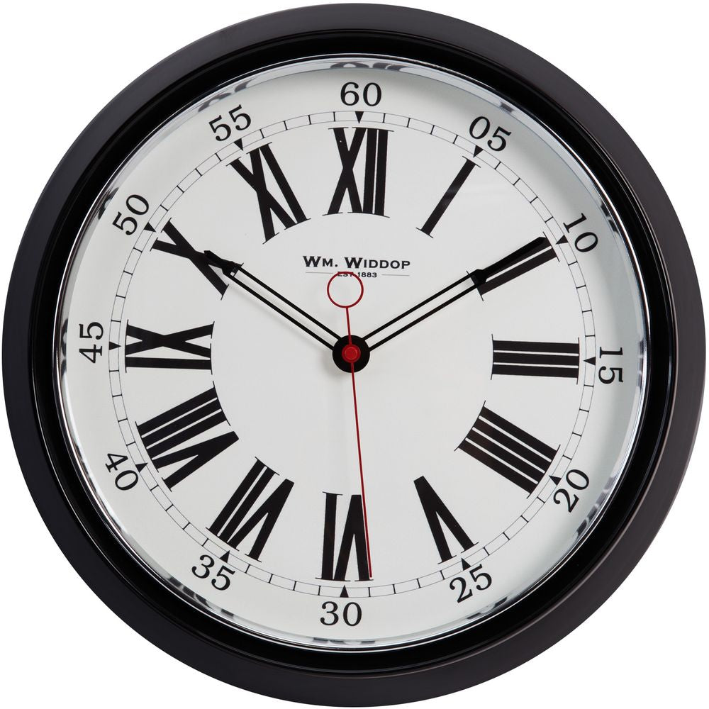 Round Metal Case Wall Clock Black & Chrome Roman Dial 30cm