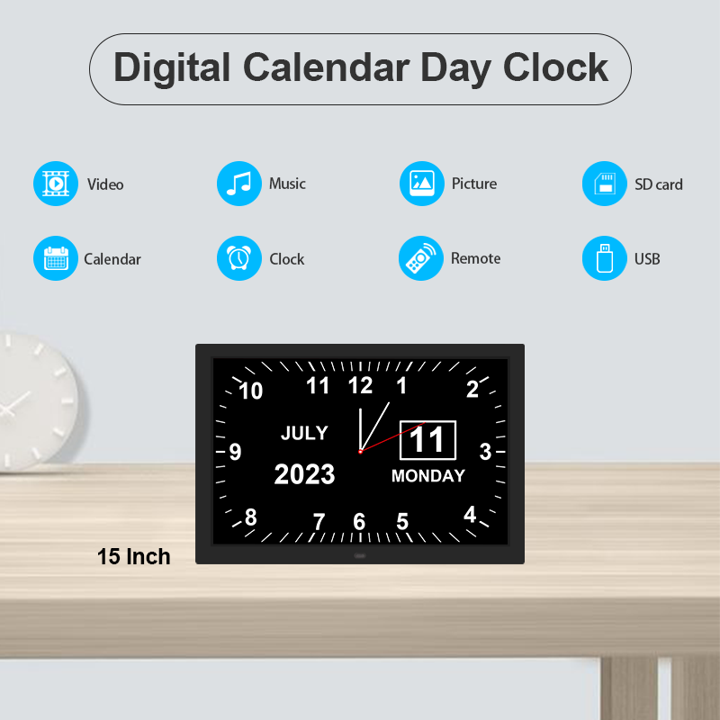 Extra-large Dementia Clock with Medication Reminders & Selectable Analogue/Digital Displays (15 inch)