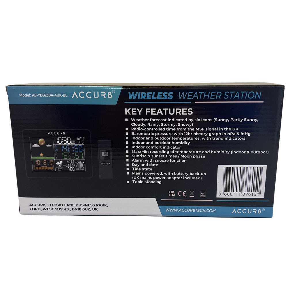 ACCUR8 Weather Clock, Sunrise & Sunset, Temperature & Humidity Sensors