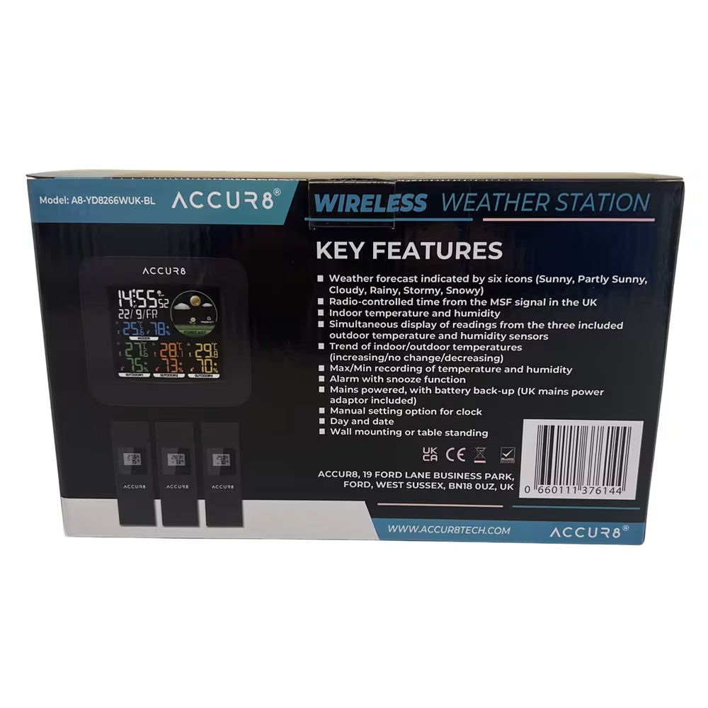 ACCUR8 Weather Clock, Incl. 3 Wireless Temperature & Humidity Sensors