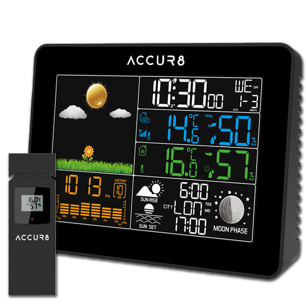 Accur8 weather station with digital display on a white background