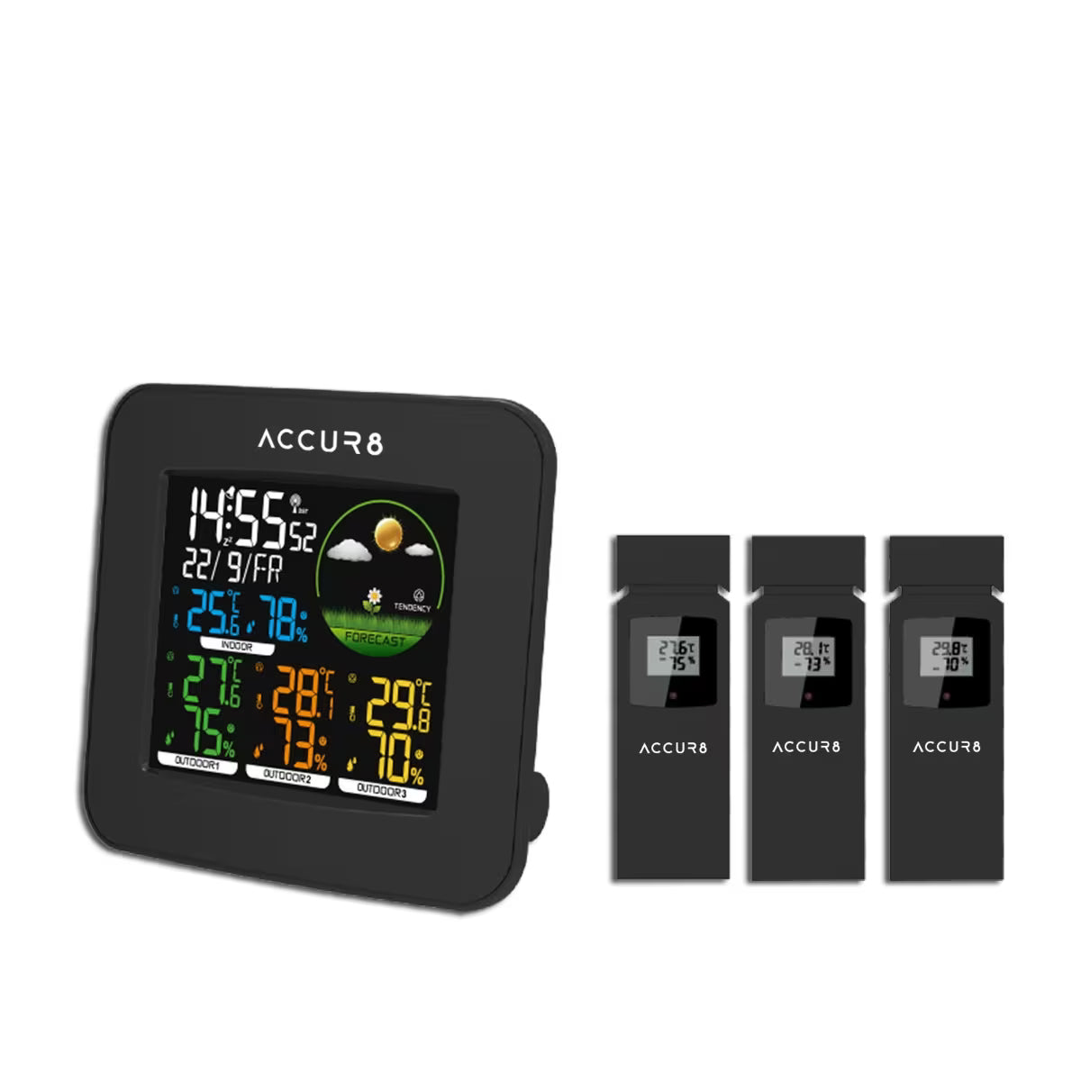 ACCUR8 Weather Clock, Incl. 3 Wireless Temperature & Humidity Sensors