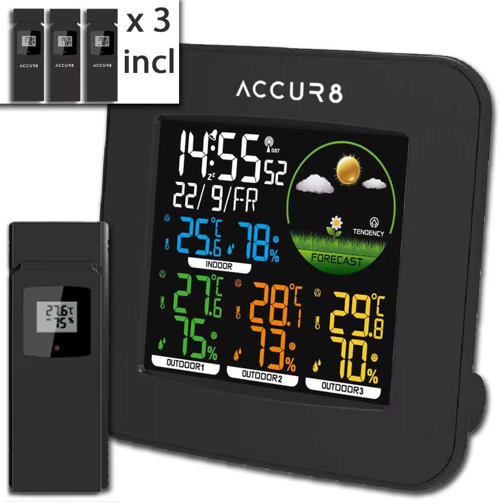 ACCUR8 Weather Clock, Incl. 3 Wireless Temperature & Humidity Sensors