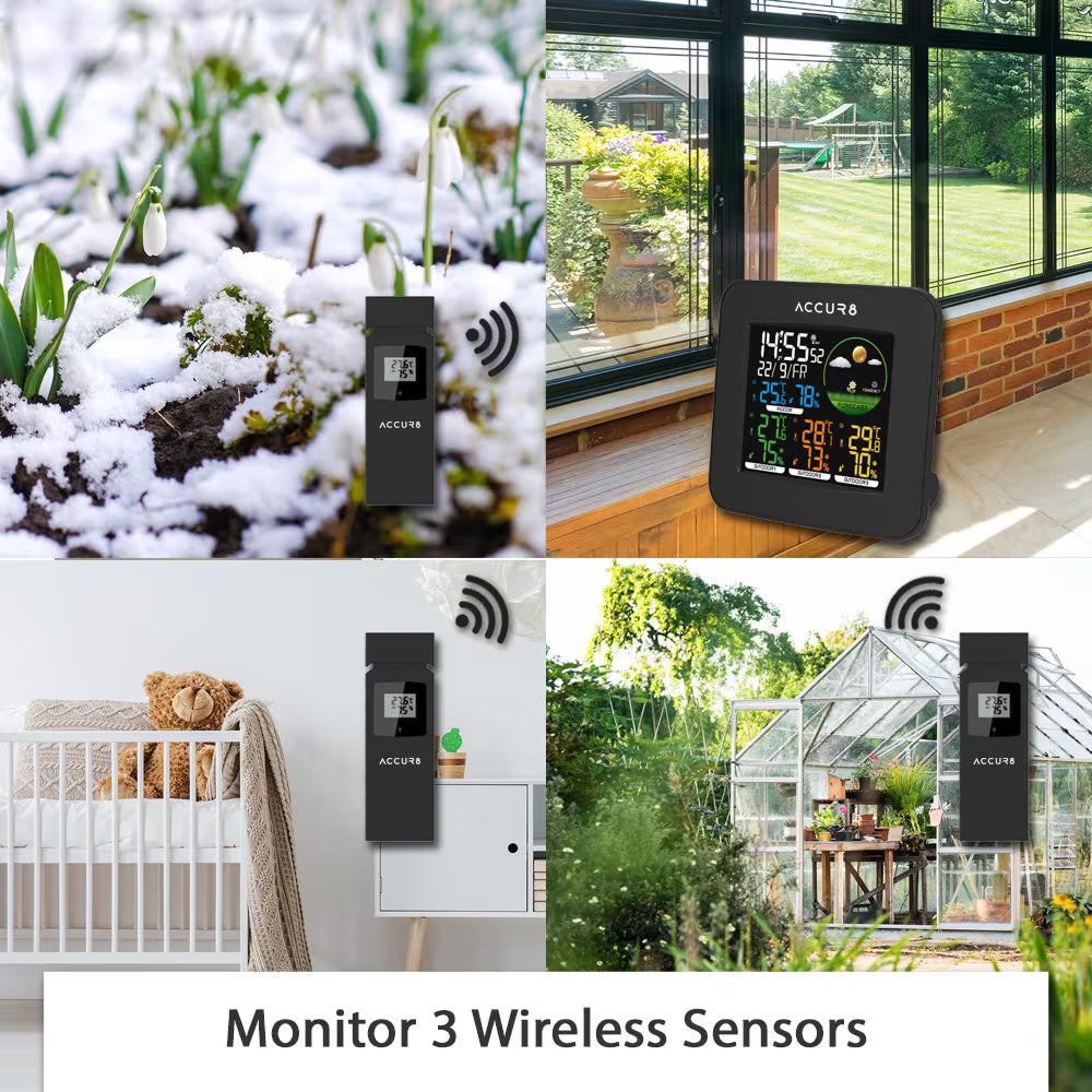 ACCUR8 Weather Clock, Incl. 3 Wireless Temperature & Humidity Sensors