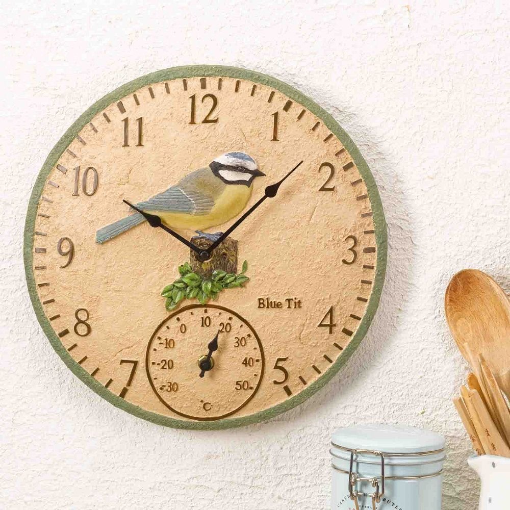 Blue Tit Outdoor Wall Clock with Thermometer 30cm - TickTockClocks