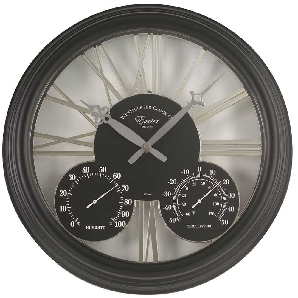 Exeter Black Outdoor Wall Clock with Thermometer 38cm - TickTockClocks