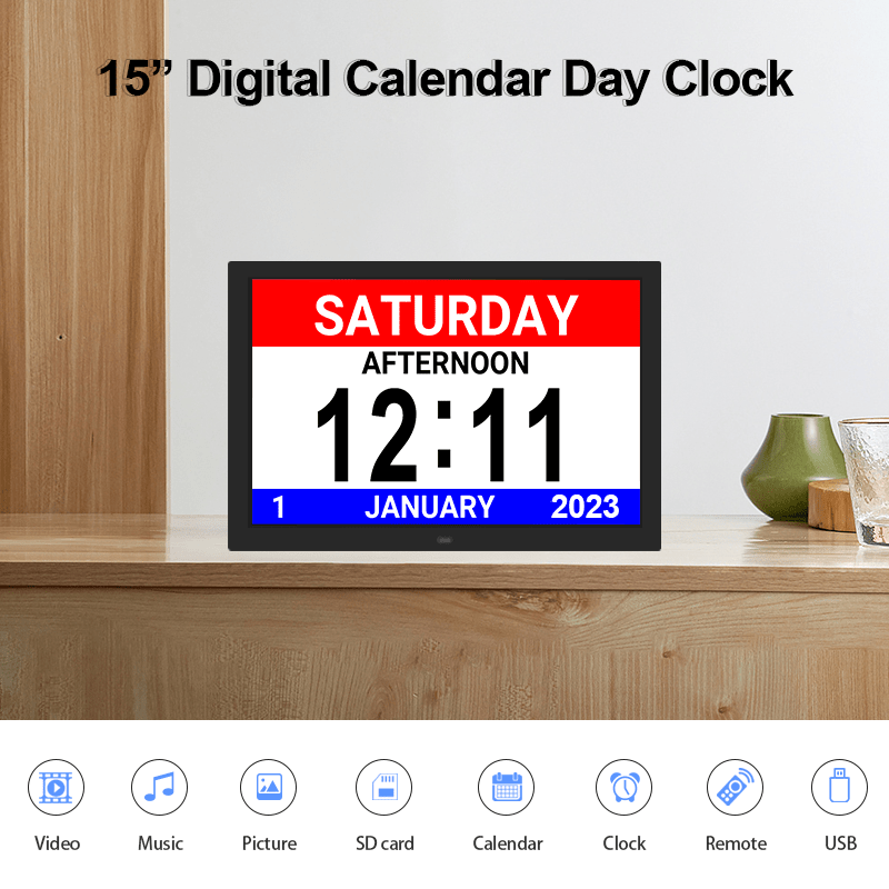 Extra-large Dementia Clock with Medication Reminders & Selectable Analogue/Digital Displays (15 inch) - TickTockClocks