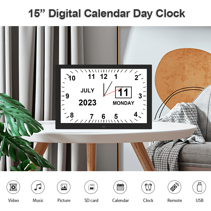 Extra-large Dementia Clock with Medication Reminders & Selectable Analogue/Digital Displays (15 inch) - TickTockClocks