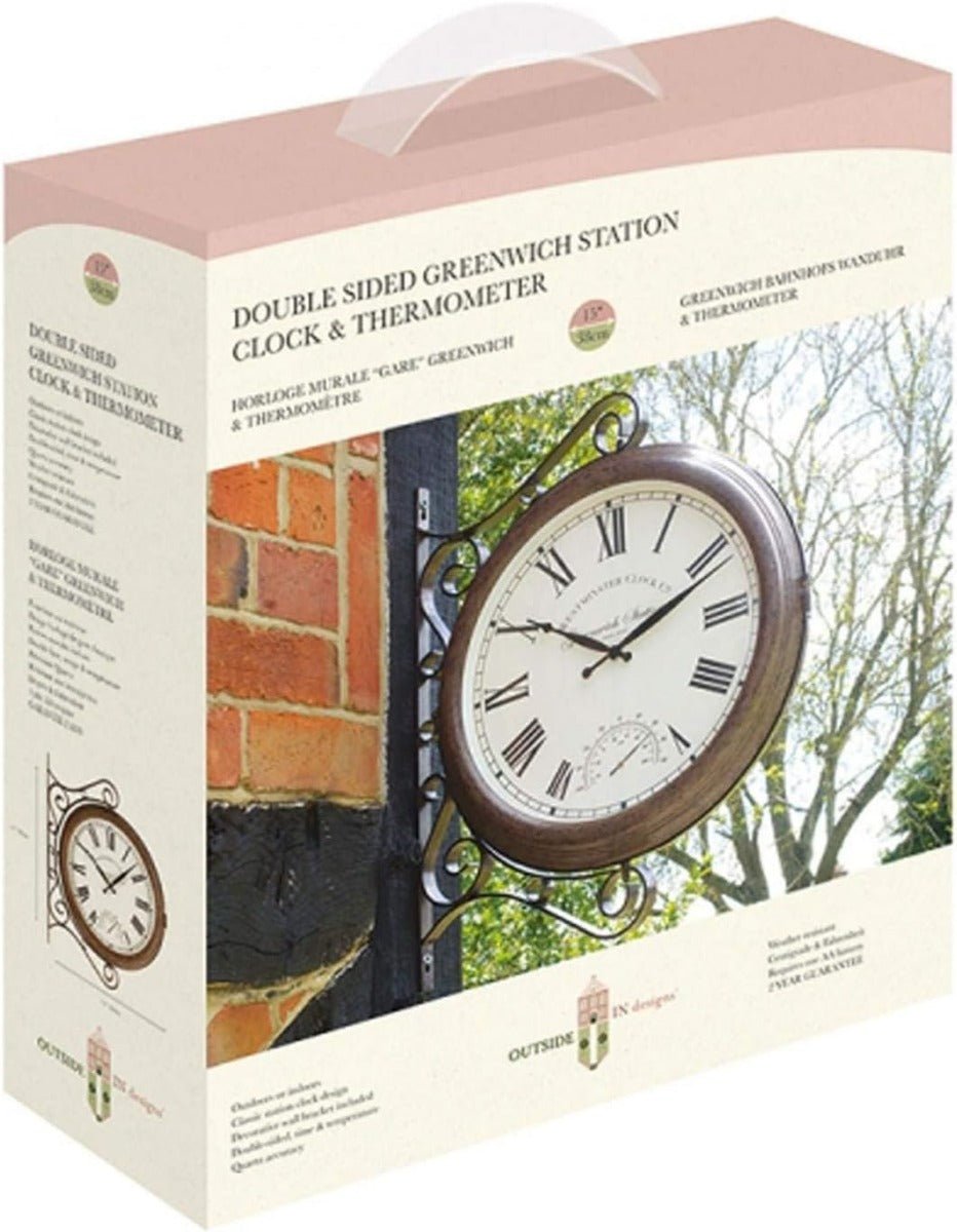 Greenwich Station Double-Sided Indoor/Outdoor Clock with Thermometer 38cm - TickTockClocks