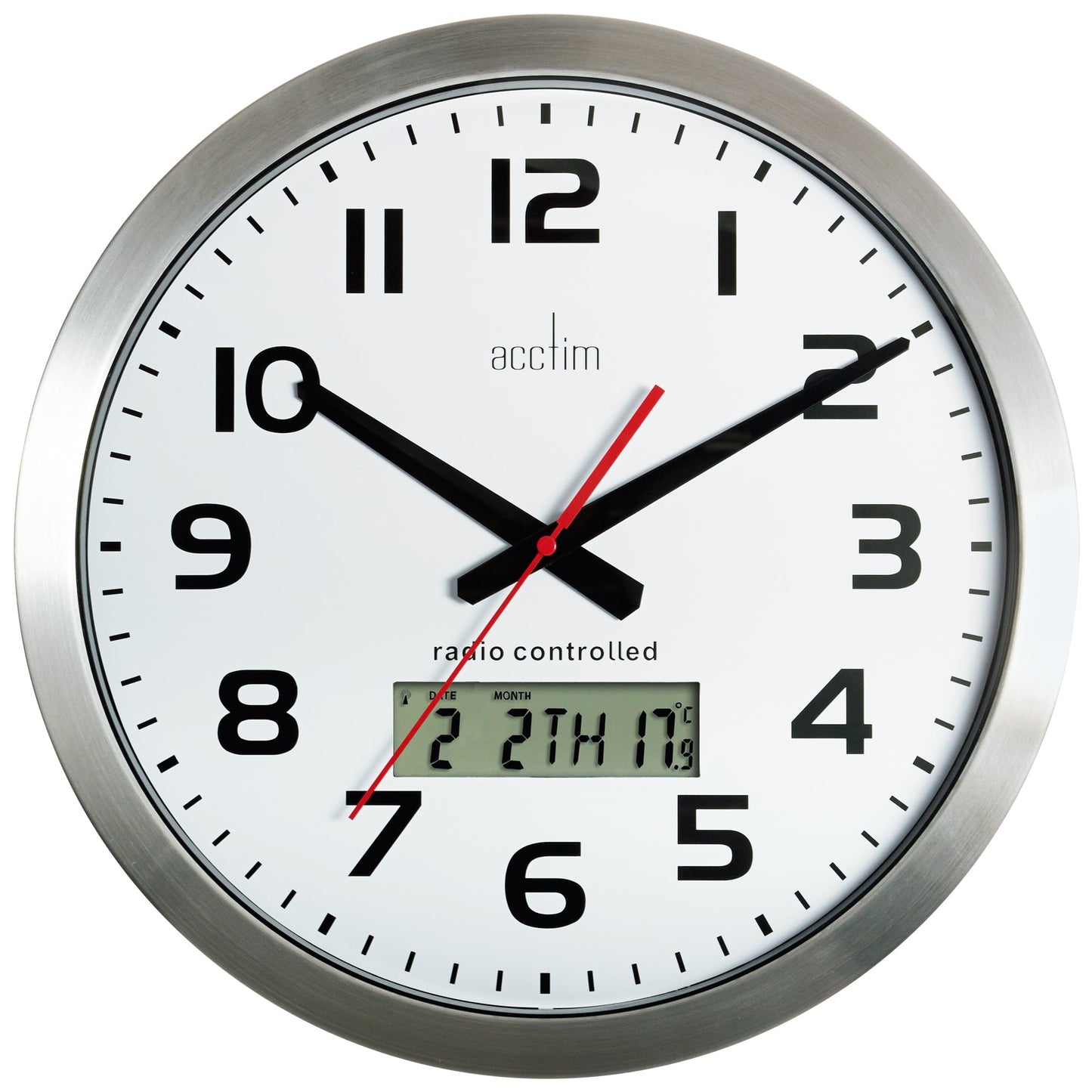 Meridian Radio Controlled Wall Clock With Day, Date & Temperature 38cm - TickTockClocks