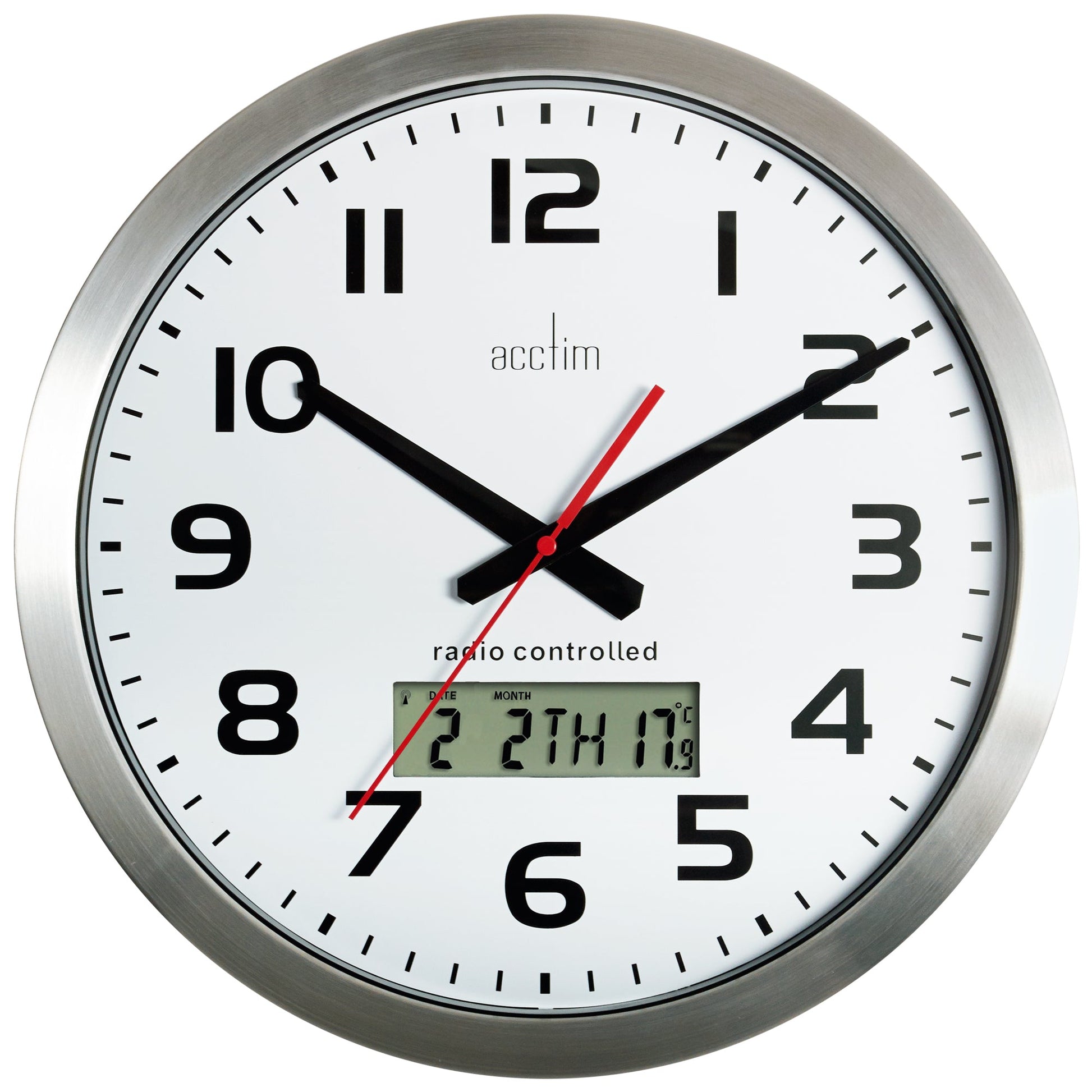Meridian Radio Controlled Wall Clock With Day, Date & Temperature 38cm - TickTockClocks