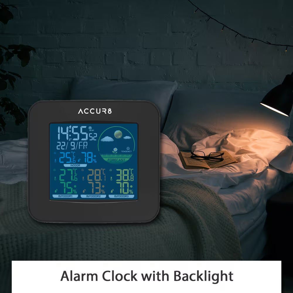 ACCUR8 Weather Clock, Incl. 3 Wireless Temperature & Humidity Sensors