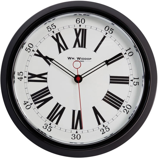 Round Metal Case Wall Clock Black & Chrome Roman Dial 30cm - TickTockClocks