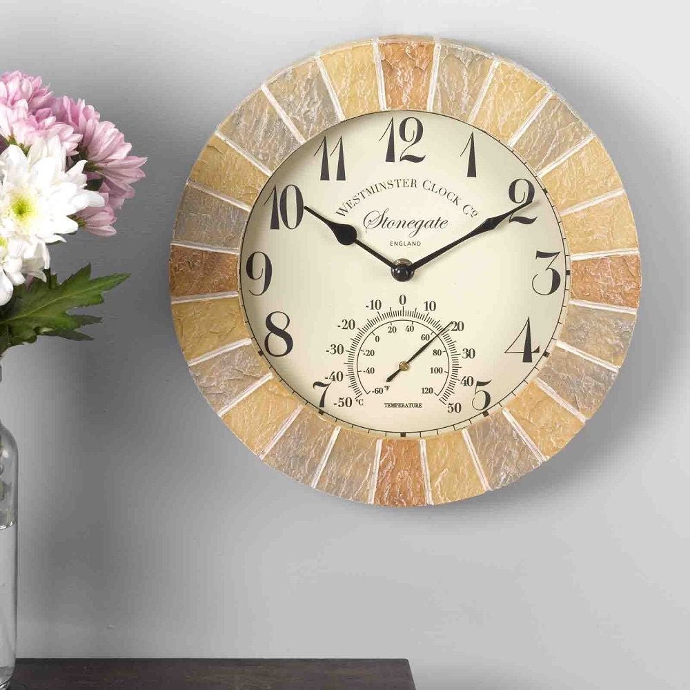 Stonegate Outdoor Wall Clock with Thermometer 25cm - TickTockClocks
