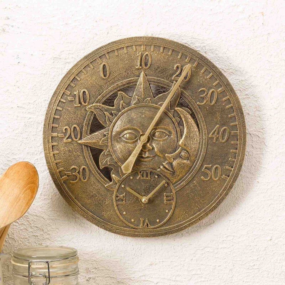 Sun & Moon Outdoor Wall Clock with Thermometer 30cm - TickTockClocks