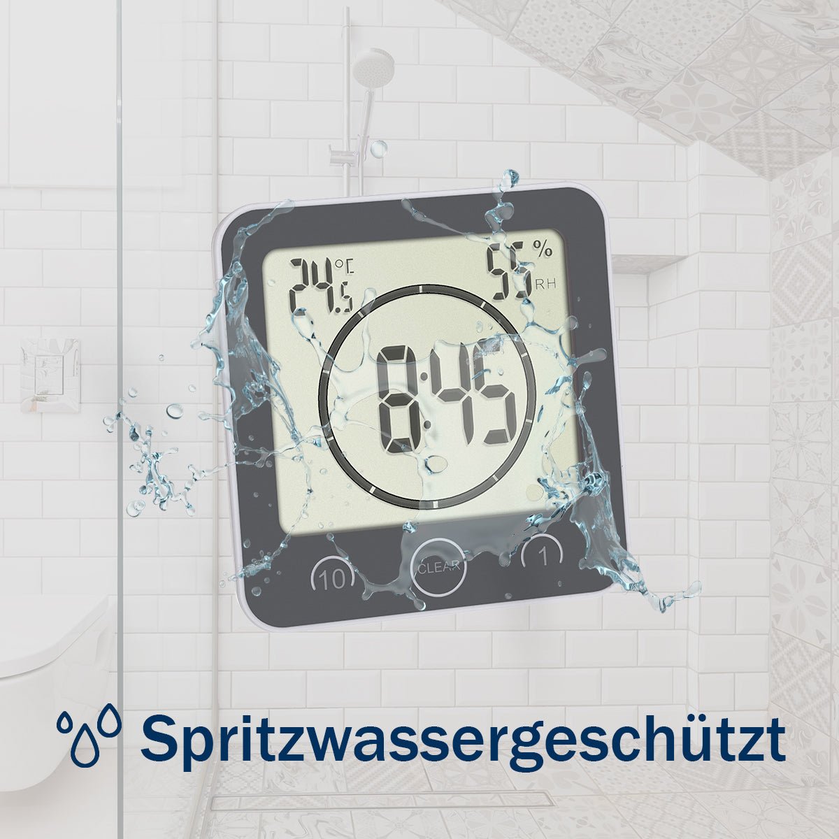 TFA Splashproof Bathroom/ Kitchen Clock with Timer, Plus Temperature & Humidity - TickTockClocks