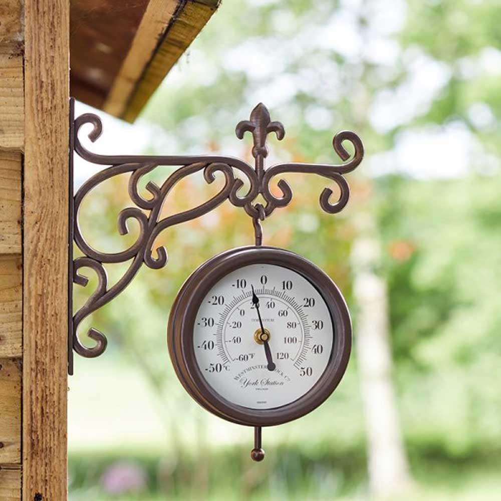 York Station Outdoor Wall Clock with Thermometer 28.5cm (size inc bracket) - TickTockClocks